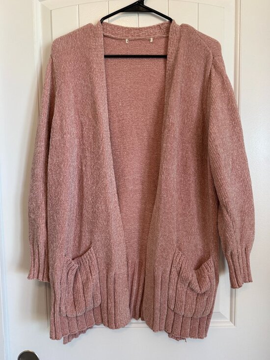 Sweaters - Soft pink chenille open-front cardigan featuring a relaxed fit